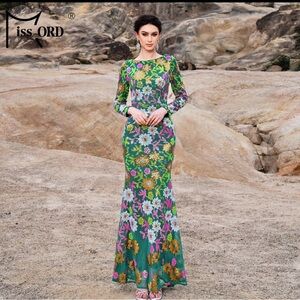 Green Floral Long Sleeve Sequin Evening Dress